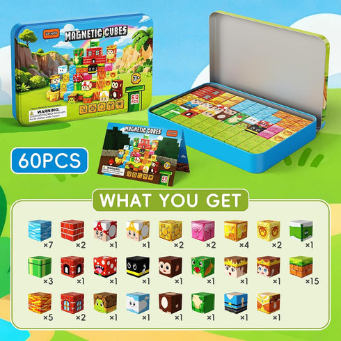 Zerxpho 60PCS Set, 3+ Mini Magnetic Building Cubes Adventure-themed Magnetic Blocks, Portable Magnetic Travel Blocks
