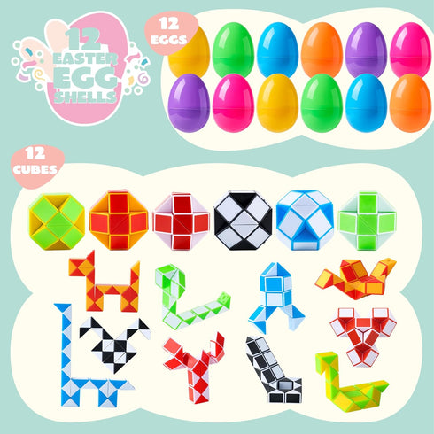 12 JOYIN Pcs Prefilled Easter Eggs with Mini Snake Cubes Twist Puzzle Toys Snake Speed Cube Fidget for Kids Easter