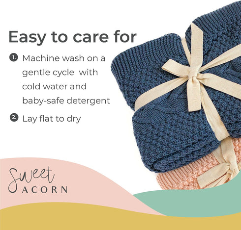 Organic Cotton Knit Baby Blanket - Cable Pattern for Crib or Stroller in Bay Blue