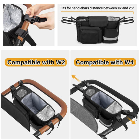 Parent Console Stroller Organizer Compatible with WONDERFOLD W&X, Black, with 2 Insulated Cup Holders and Removable