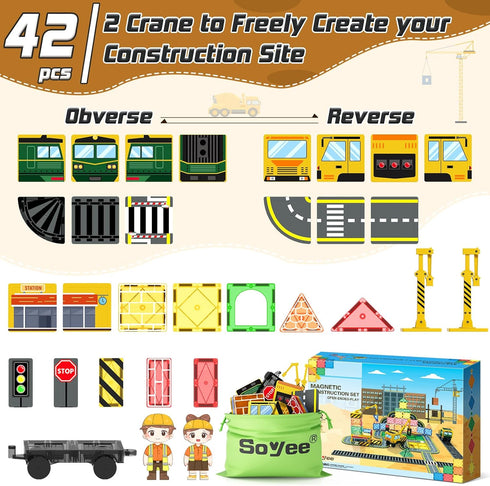 Magnetic Tiles Construction Set with 2 Cranes | Boys Toys for Ages 3-10 | Includes Crane, Road Tracks, Train & Dolls