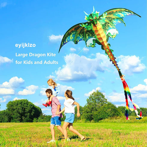 eyijklzo Green Dragon Kite, Beautiful Easy Flyer for Children and Adults with Long Colorful Tail for Outdoor Activities