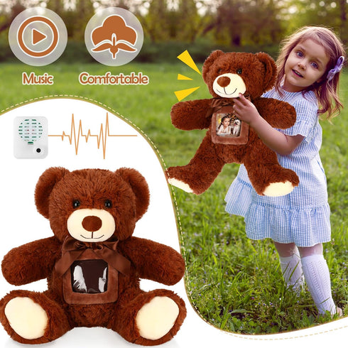 14 Inch Remembrance Bear Plush Stuffed Animal with Recorder, Soft Doll Toy with Picture Frame (Dark Brown)