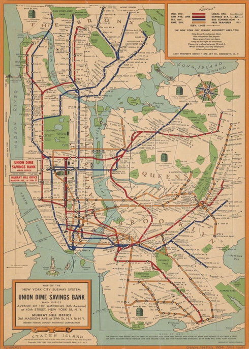 1954 Map of New York City Subway - 1000 Piece Jigsaw Puzzle for Adults, NY Underground