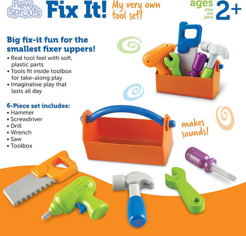 Learning Resources New Sprouts Fix It! | Fine Motor, Pretend Play Toy Tool Set | 6 Piece | Ages 2+