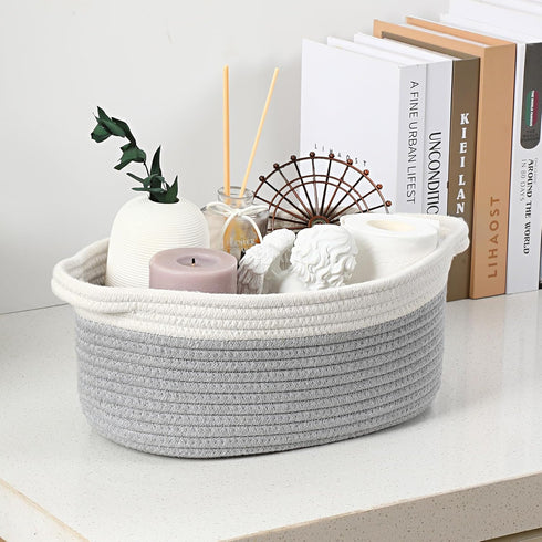 4 Pack Small Woven Basket with Handles, Cotton Rope Shelf Storage Basket, Cute Baby Gift Basket for Nursery Bedroom -