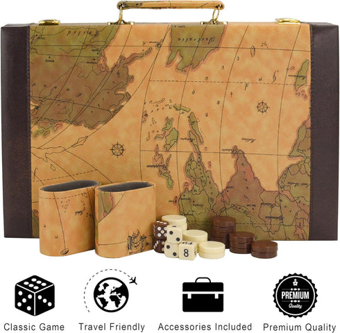 Backgammon, Backgammon Sets 15" Backgammon Sets for Adults, Leather Travel - Classic Board Game (World Map Design)