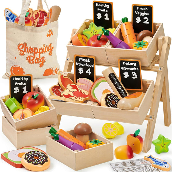 Toyssa Wooden Play Food Sets for Kids Kitchen, Play Toy Foods for