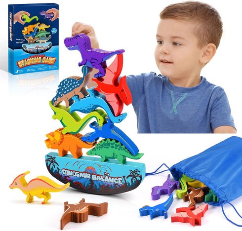 Dinosaur Toys for Kids 3-5, Wooden Stacking Montessori Toys, Balance Competition Game for Family Birthday Gifts