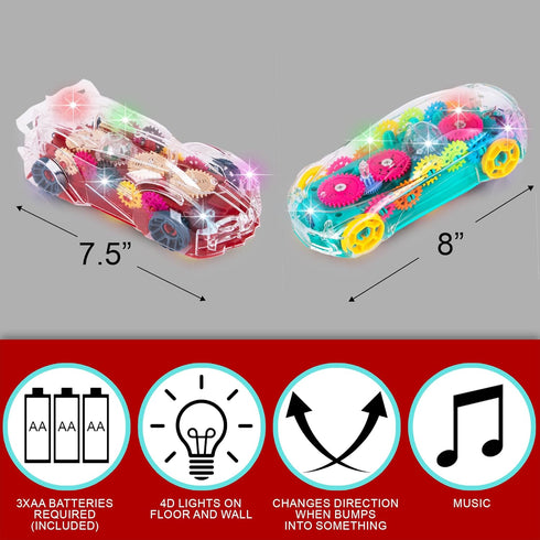 ArtCreativity Light Up Transparent Toy Cars - Set of 2 Bump and Go Toy Cars with Colorful Moving Gears and Music