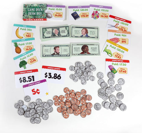50 5 eeBoo: Making Change Game, Item Cards with Play Money, Develop Math and Practical Money Skills, Perfect for Ages