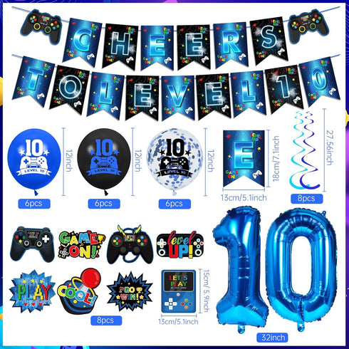 Video Game 10th Birthday Party Decorations, Blue and Black Level Up 10 Balloons Kit for Boys Girls 10 Years Old