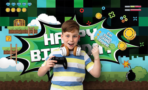 Video Game Party Decoration Kit - Photography Backdrop & 10 Studio Selfie Photo Booth Props with Sticks, Gamer Theme