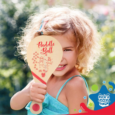 Wooden Paddle Ball Set of 2 - Fun Classic Indoor Outdoor Toy with Red Carry Bag for Boys and Girls