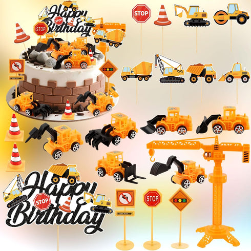 21PCS Set Construction Cake Toppers Truck Cake Decoration Excavator Tractor Tower Crane Cupcake Topper Traffic and Road