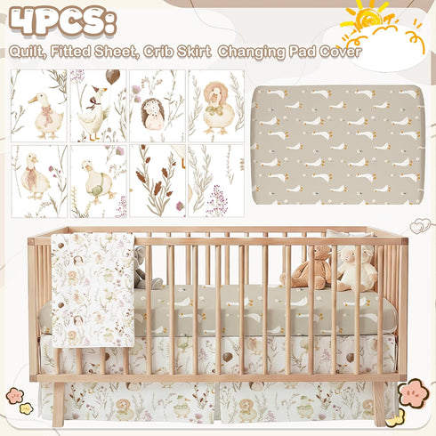 Hahafelt 4 Set Set Pieces Crib Bedding for Girls and Boys, Soft Baby Bedding Including Crib Skirt, Comforter, Sheet