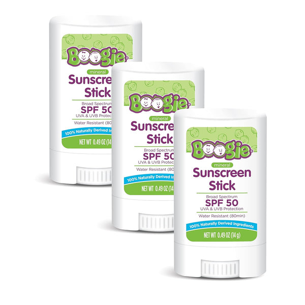 Baby Sunscreen Stick by Boogie Block - Mineral SPF 50 Sunblock for Kids, Travel Size, Water Resistant, Pack of 3