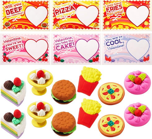 JOYIN 36 Pieces Valentines Day Gift Cards - 3D Dessert Erasers for Kid Classroom Cards, Party Favor Toy Supplies.