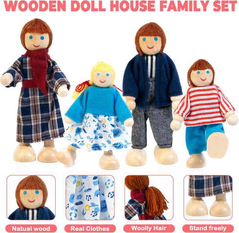Set 4 26 4 3+ Kizfarm Wooden Dollhouse Furniture with Family Dolls, Pcs Pretend Play Dollhouse Accessories for Rooms
