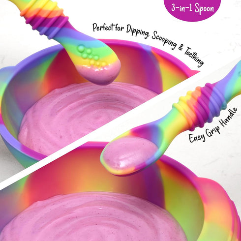 Unbreakable Silicone Non-Slip Bowl and Chew Spoon Set for Babies and Toddlers (Rainbow Swirl)