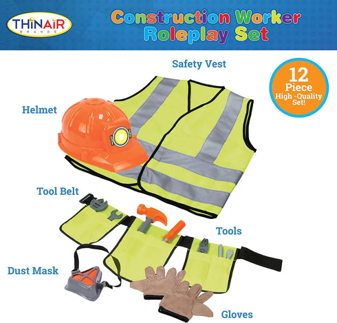 Set 3 6 Dr. STEM Toys Construction Worker Roleplay Costume with Hat, Tools, Tool Belt, Gloves, and More - Orange