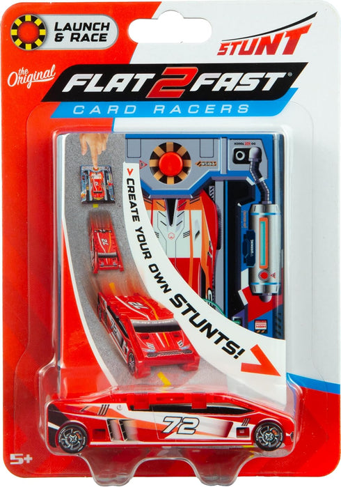 2 FLAT FAST Original Stunt Card Racer Flat Car Racer and Pocket Size Racecar Launcher with Built-in Button for Stunt