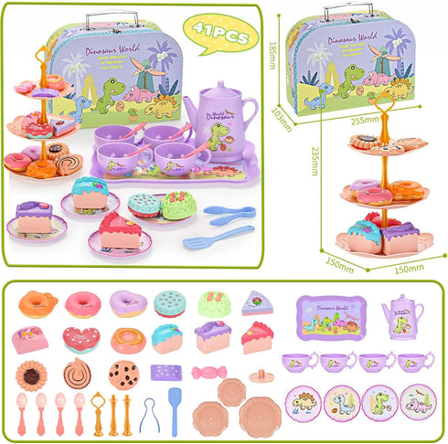 Set Set, 3 4 5 6 Lajeje Dinosaurs Tea Party for Little Girls, Pretend Plastic Teapot Princess Tea Time Play Kitchen Toy