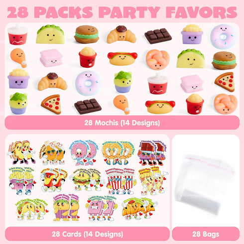 28 Packs 14 JOYIN Valentines Day Mochi Squishy Toy Gift Cards for Kids, Designs Kawaii Desserts Mochi to Squeeze