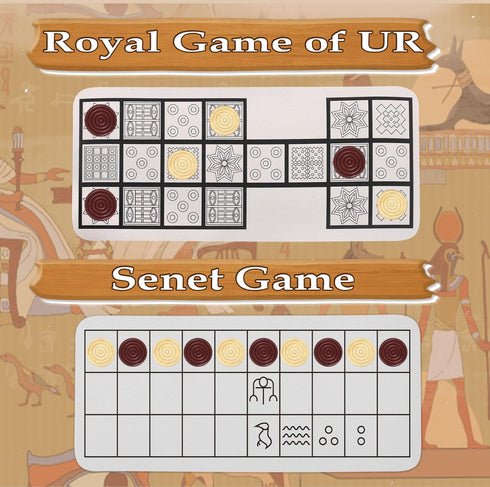 Ancient Board Game:Royal Game of UR & Senet Game. 1 Board + 8 Wooden dice + 14 Wooden Pieces + 2 Game Instructions + 1 Metal Box for Storage and 2 Drawstring Bags for The Pieces and dice
