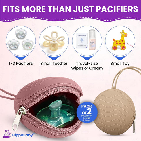 2-Pack HippoBaby Silicone Pacifier Holder Case BPA-Free, Food-Grade Silicone Zippered Travel Pacifier Organizer