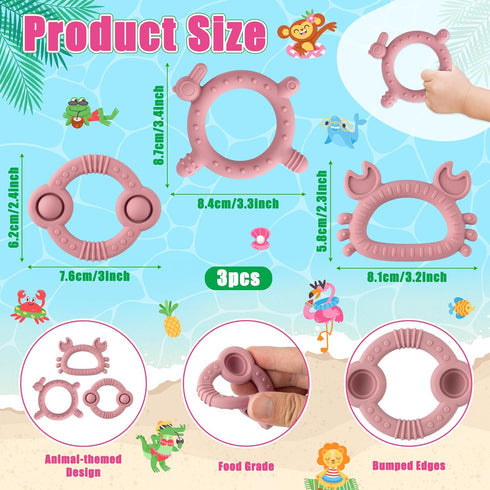 2ooya 3Pcs Summer Easter Silicone Teether for Babies - Pink Bunny Ocean Animal Infant Teething Chew Toys, Toddler Easy