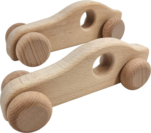 2 Pack Wooden Cars for Toddlers and Babies, Montessori Baby Rattles and Teething Toys