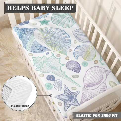 JIANADAER 28"x52", Seashell Fitted Crib Sheet Starfish Conch Blue Purple Green Standard Crib Mattress Fitted Sheet