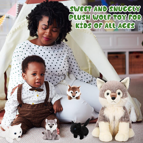 Honoson 5 Pcs Wolf Plush Set - 14 Inch Mommy Wolf Stuffed Animal with 4 Cute Baby Wolves, Soft Plushie Gift