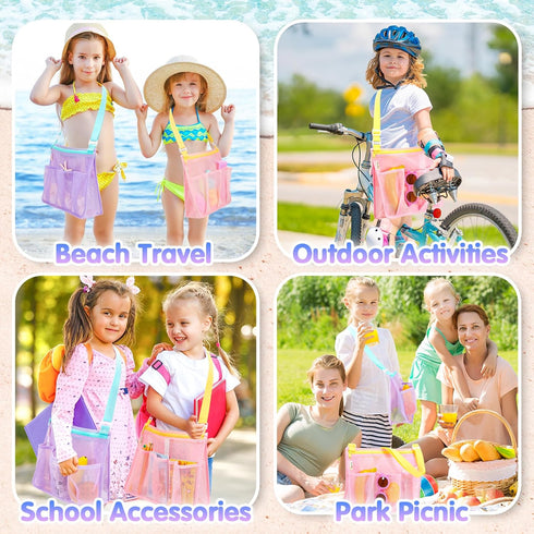 Summer Tagitary Beach Toys Mesh Beach Bags with Zipper, Kids Pool Sand Toys Seashell Crossbody for Boys and Girls