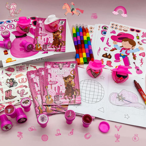 72 Set Cinrobiye Pcs Cowgirl Party Favors, Pink Western Coloring Books with Crayons Tattoos Stickers Stampers Wooden