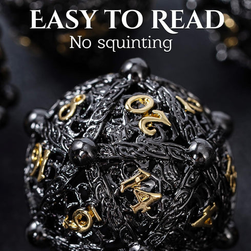 Metal DND Dice Set - Unique Round Hollow Orb Design for Better Rolling - Cthulhu Metal Dice for RPG (Black Gold)