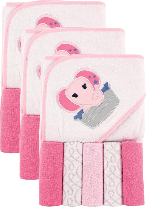 Luvable Friends Unisex Baby Hooded Towel with Five Washcloths, Pink Elephant, One