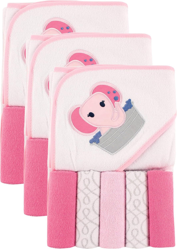 Luvable Friends Unisex Baby Hooded Towel with Five Washcloths, Pink Elephant, One