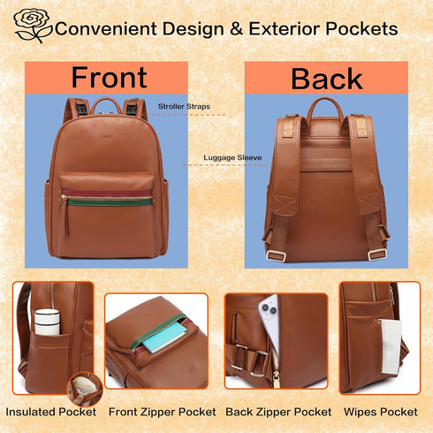 Backpack Leather Diaper Bag for Women with Multiple Pockets,Laptop Compartment and Changing Pad.
