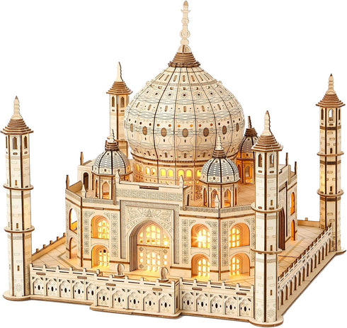 3D Wooden Puzzle for Adults, Taj Mahal Wood Model with LED Light, Self-Assembly Mechanical Building Kit