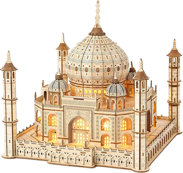 3D Wooden Puzzle for Adults, Taj Mahal Wood Model with LED Light, Self-Assembly Mechanical Building Kit
