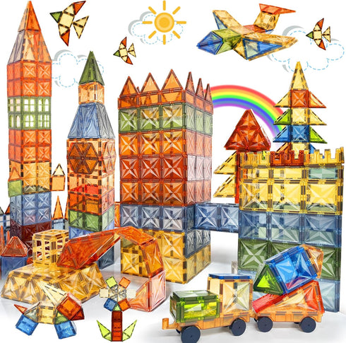 HarworLife 120 PCS Magnetic Tiles, Diamond Magnet Tiles with 2 Cars Magnetic
