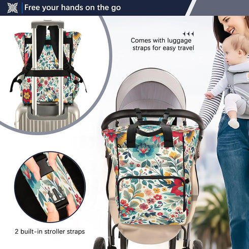 YANENDIE Backpack, Backpack Backpack Floral Theme Diaper Bag Unisex Travel Baby Diaper Bags with Stroller Straps