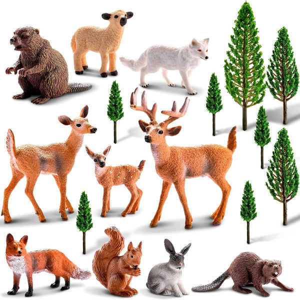 Sumind 18 Pcs Forest Animals Figurines, Woodland Toys Model Trees Kit, Miniature Plastic for Cake Toppers, Birthday
