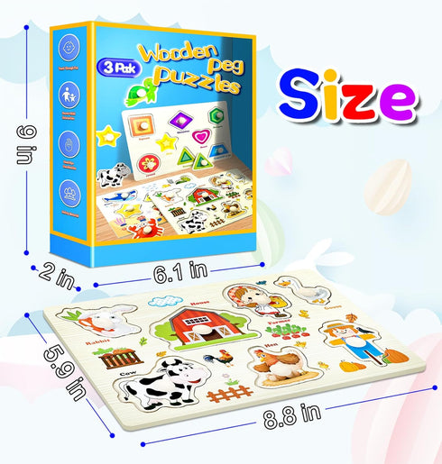 SIERLIKY Gifts-3 Wooden Peg Puzzles for Toddlers,Montessori Toddler Jigsaw for Child,Fine Motor Skill Learning Puzzle