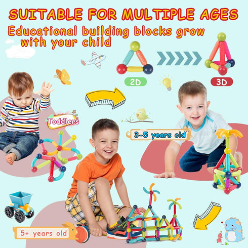 Magnetic Blocks Kids Toys, 64Pcs Large Magnetic Building Sticks for STEM Learning, Includes 2 Cars