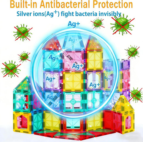 Set Upgraded Antibacterial Magnetic Tiles, Magnetic Building Blocks with Antibacterial Protection, Inhibits Bacterial