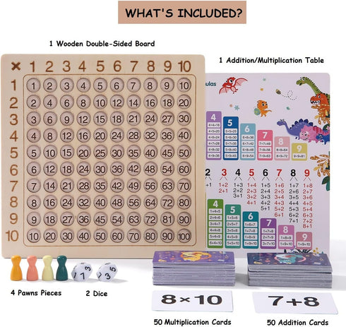 2 in 1 Math Board Game for Kids - Wooden Multiplication Addition Toys for Girls Boys 4-9 Years Old