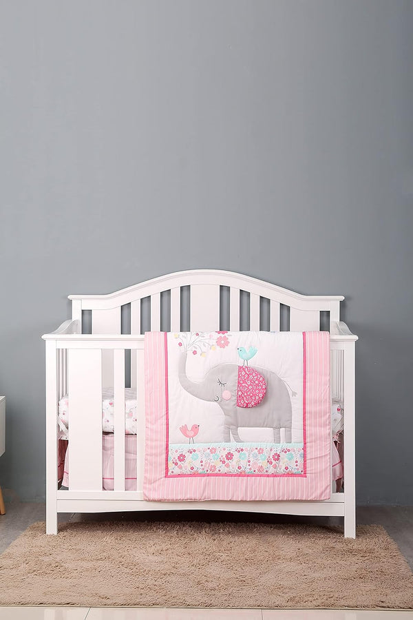 JAHbaby 3 PCs Pink Embroidery Elephant Nursery Crib Bedding Set Quilt Fitted Sheet